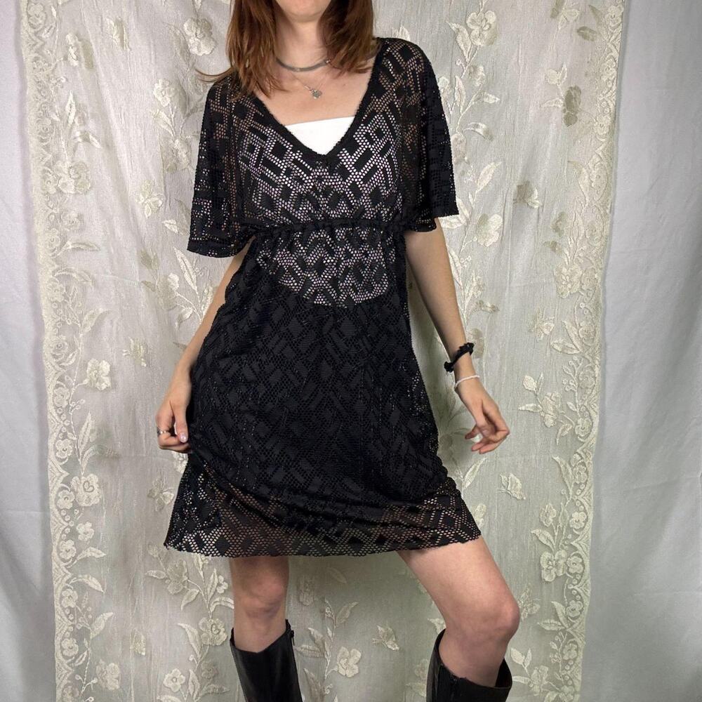 Y2K Xhilaration Sheer Black Crochet Lace Mini Dress - Beach Cover Up Large